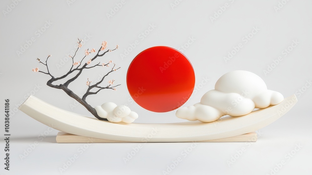 Fototapeta premium An exquisite display of soft sculptures that blend a radiant red sun with delicate clouds, artfully crafted in a vintage style to create a visually stunning piece.