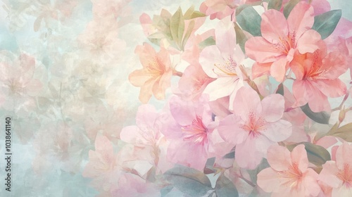 A soft, pastel floral background featuring pink flowers and leaves.