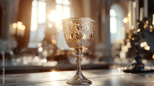 A golden goblet encrusted with jewels, placed on a regal dining table, golden goblet, royal luxury