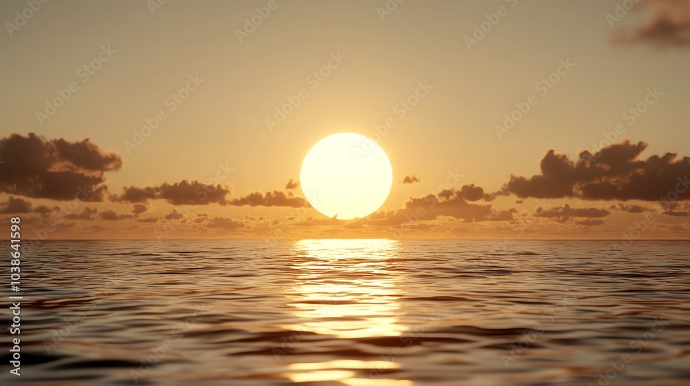 Naklejka premium A golden sunset over a vast ocean, casting a warm glow, golden sunset, natural beauty