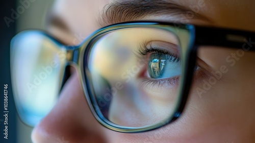 Eye with glasses on, displaying the sharpness and clarity of vision, with visible lens reflections adding depth