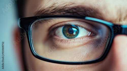 Eye with glasses on, displaying the sharpness and clarity of vision, with visible lens reflections adding depth