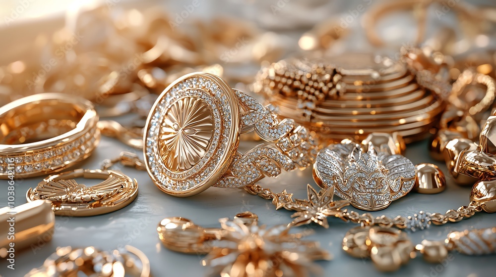 A pile of gold jewelry glowing under soft light, gold jewelry collection, luxurious wealth A pile of gold jewelry glowing under soft light, gold jewelry collection, luxurious wealth