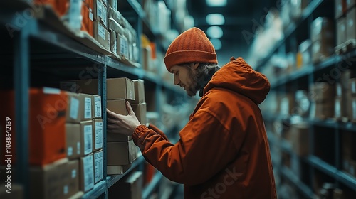 Warehouse Worker Organizing Packages on Shelves