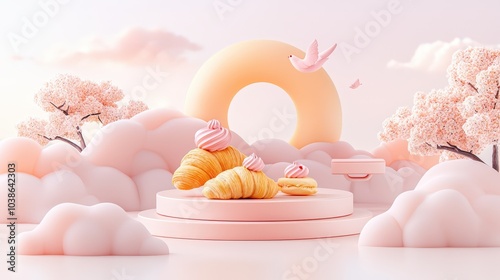 An artistic presentation  featuring a variety of  foods and golden croissants, elegantly placed on a dish with a vibrant, bright background.
