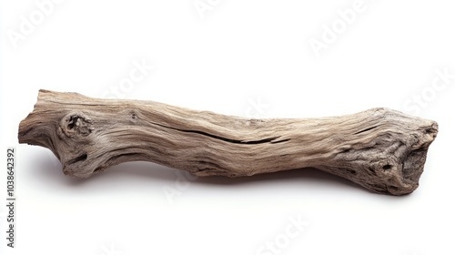 Time-Carved Driftwood: A Weathered Log with Intricate Textures on a Pristine White Background