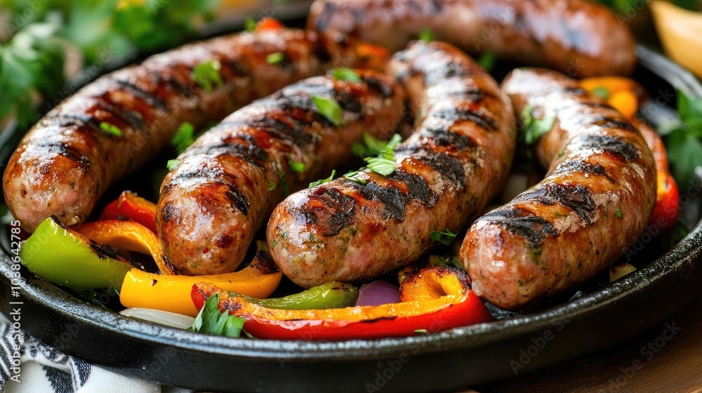Grilled Sausages with Colorful Peppers on Platter Grilled Sausages with Colorful Peppers on Platter