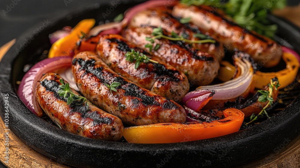 Grilled Sausages with Colorful Peppers and Onions Grilled Sausages with Colorful Peppers and Onions