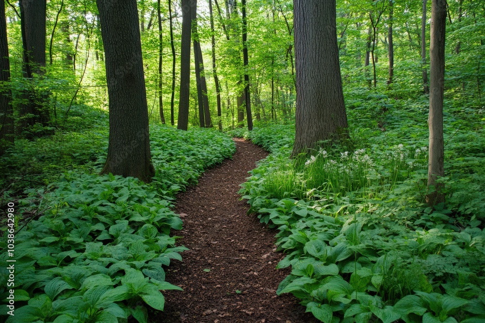 Fototapeta premium A vibrant forest path lined with medicinal plants like turmeric, ginger, and wild garlic, thriving in the rich soil beneath the tall trees, offering a glimpse of the forest's natural remedies