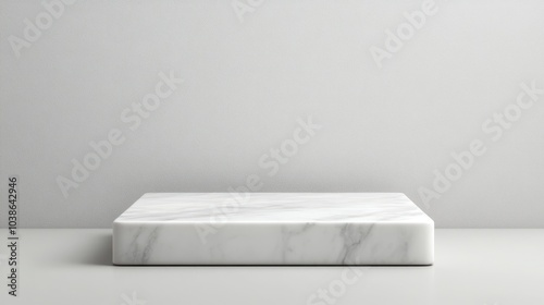 Stylish white marble slab on a minimalist tabletop with a soft gray background, ideal for product presentations.