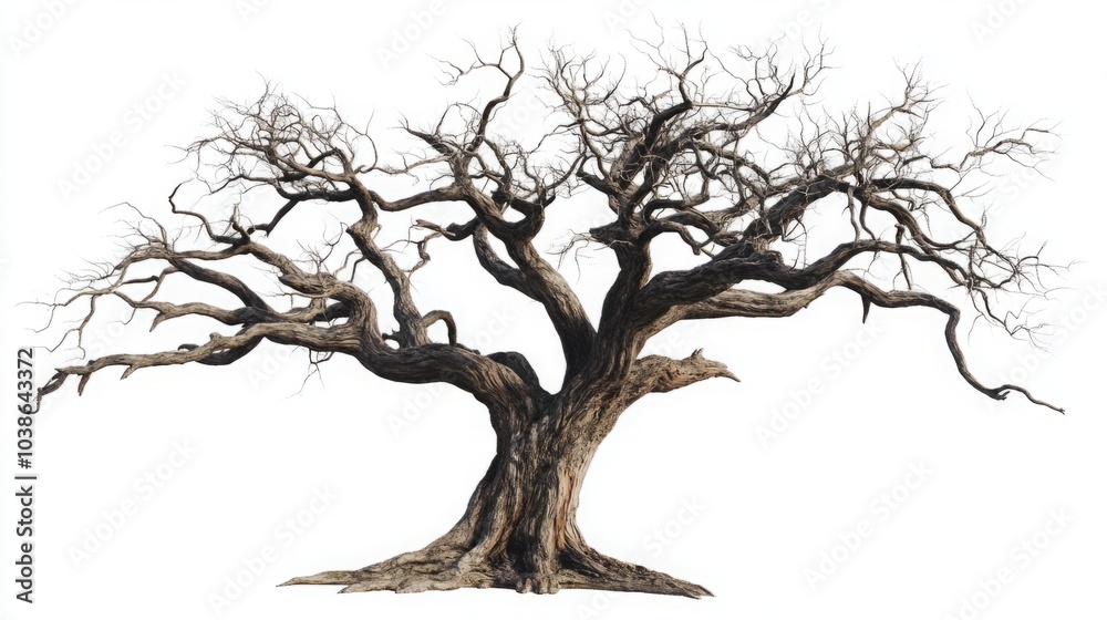 Haunting Elegance: An Ancient Dead Tree with Twisted Branches on a White Canvas Haunting Elegance: An Ancient Dead Tree with Twisted Branches on a White Canvas