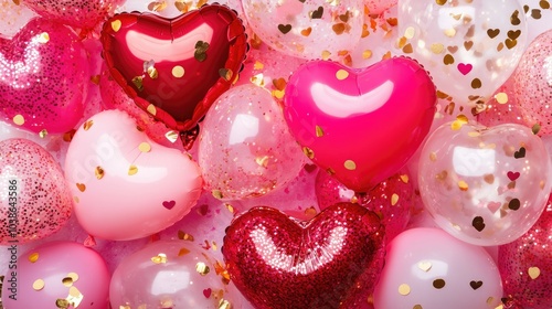 Heart-shaped balloons in vivid pink and red tones with scattered gold confetti, creating a celebratory feel