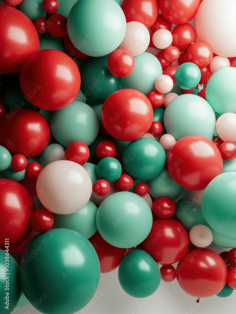 A vibrant assortment of red, teal, and white balloons clustered together, creating a festive and playful atmosphere.