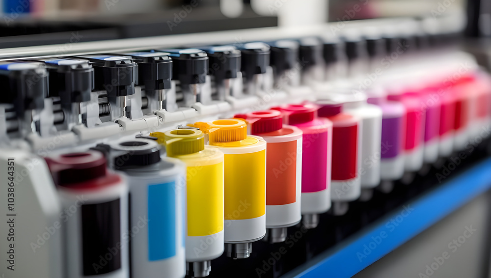 A close-up view of a state-of-the-art inkjet printing machine featuring a row of vibrant color cartridges, showcasing precision technology for high-quality print production A close-up view of a state-of-the-art inkjet printing machine featuring a row of vibrant color cartridges, showcasing precision technology for high-quality print production