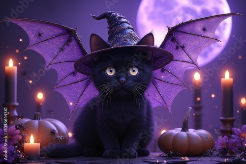 Enchanting black cat in a witch hat with wings, surrounded by Halloween decorations and a purple moonlit background. photo