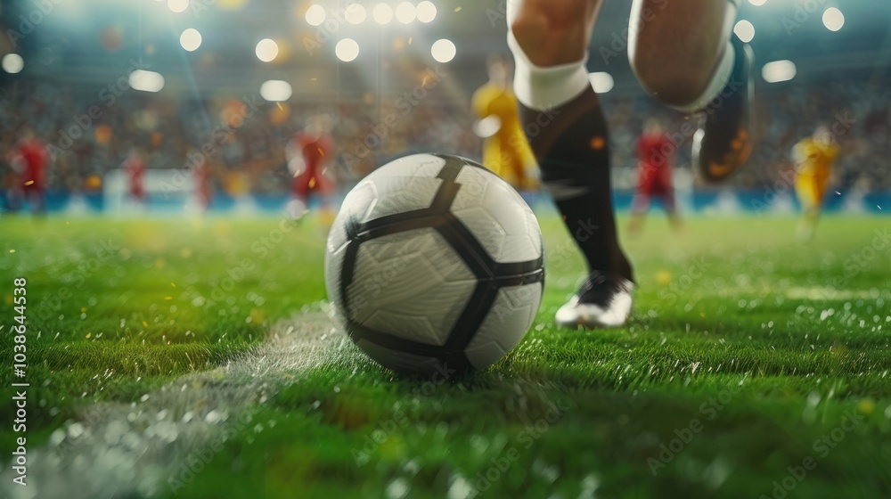 Fototapeta premium Close-up of Football Player Running Kicking Ball on Arena Grass Field, AI generated image