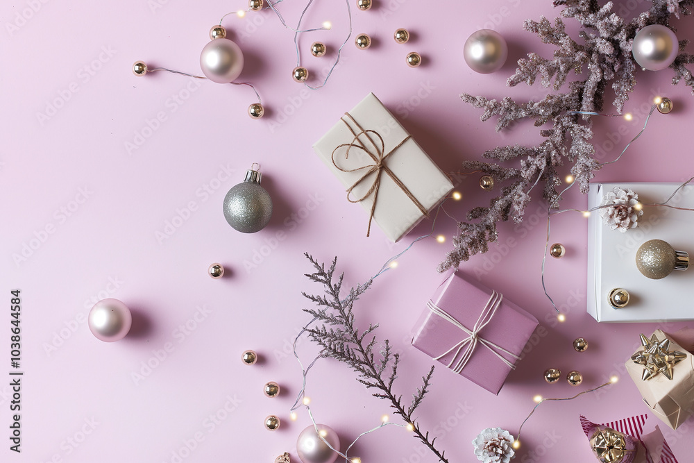 Fototapeta premium A pink background with a bunch of Christmas decorations including a silver ball
