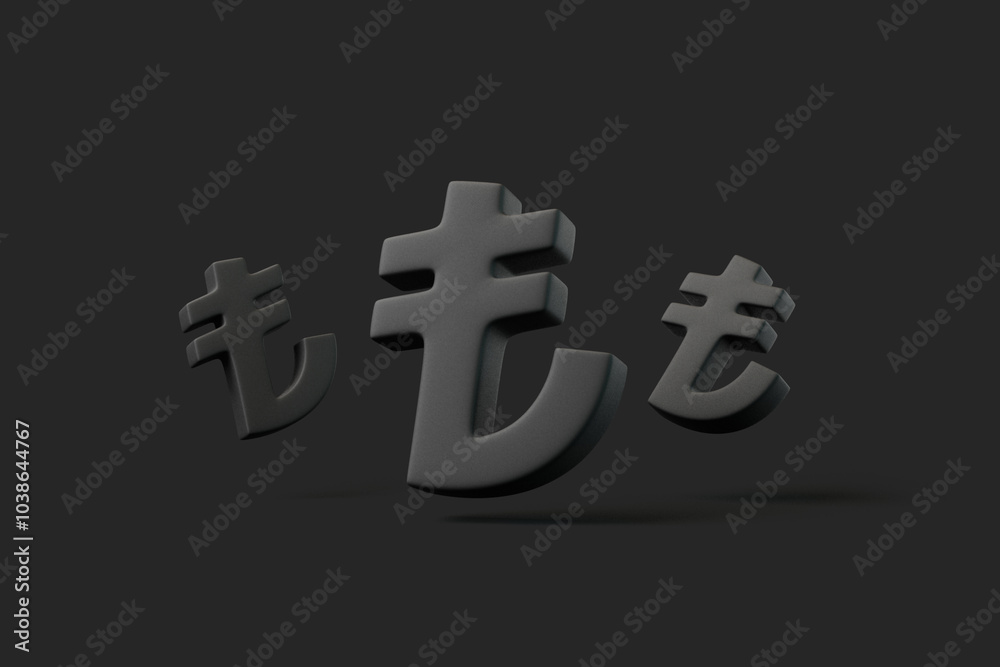 Obraz premium Multiple black Turkish Lira symbols floating against a dark background, representing currency, finance, or economy. 3D render illustration
