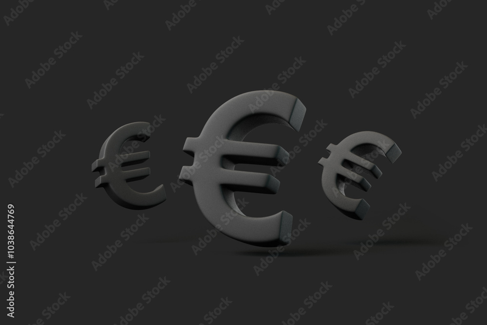Three black euro symbols floating against a dark background, symbolizing European currency, finance, and global economics. 3D render illustration Three black euro symbols floating against a dark background, symbolizing European currency, finance, and global economics. 3D render illustration