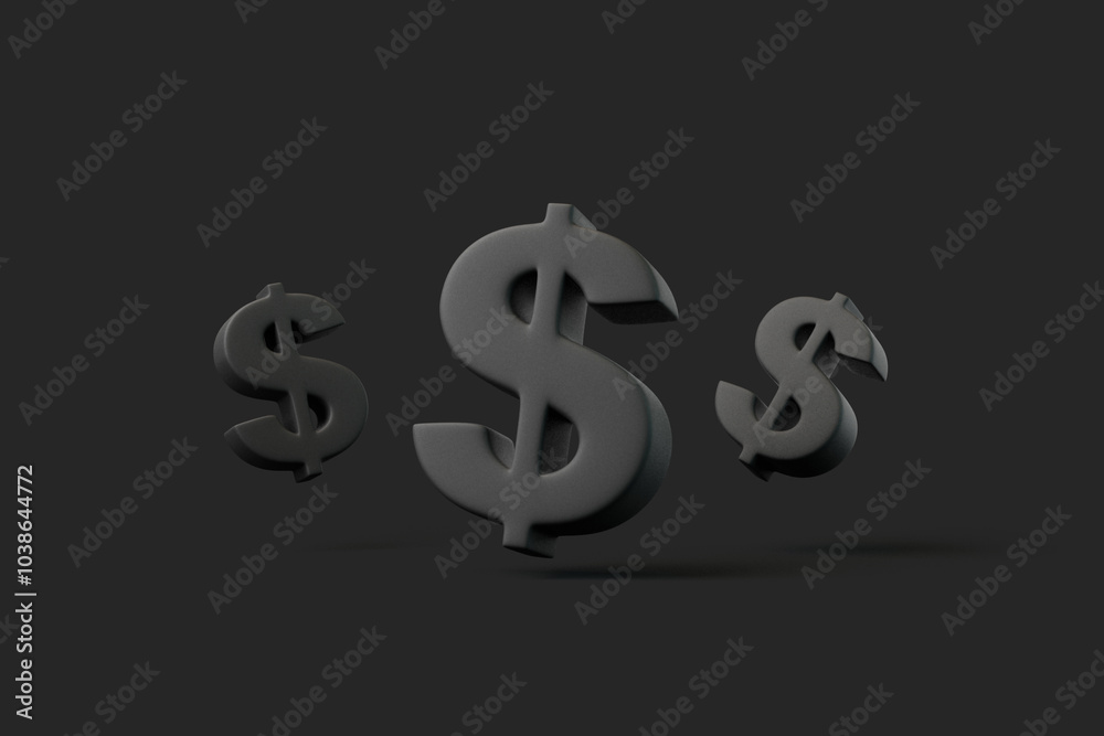 A trio of black dollar symbols floating against a dark background, representing wealth, finance, and global economics. 3D render illustration