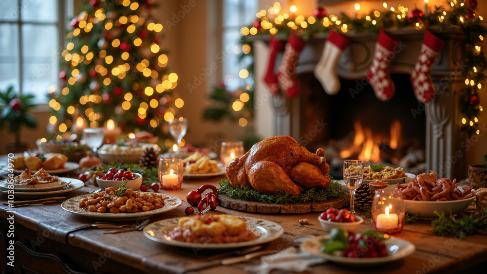 Festive Holiday Table Setting with Christmas Tree: Perfect for Seasonal Marketing and Invitations Festive Holiday Table Setting with Christmas Tree: Perfect for Seasonal Marketing and Invitations