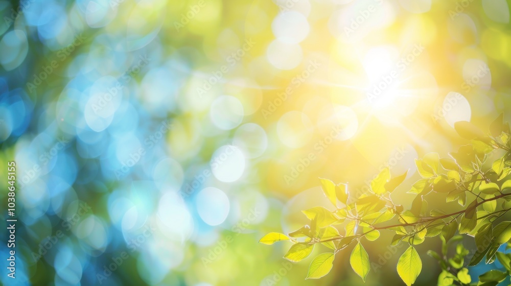 Fototapeta premium Sunlight shining through green leaves with bokeh effect in the background. Concept of nature, summer, and freshness.