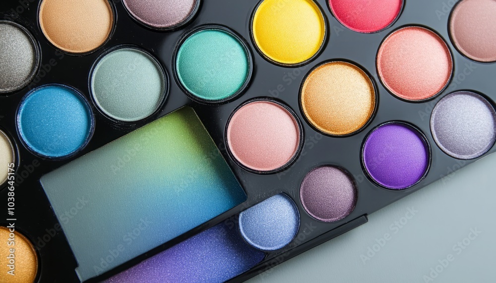 Upscale Eyeshadow Palette Closeup: A Professional Cosmetic Masterpiece on a Light Gray Background Upscale Eyeshadow Palette Closeup: A Professional Cosmetic Masterpiece on a Light Gray Background