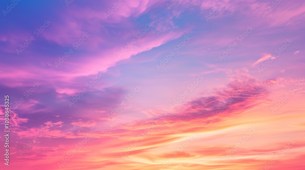 Obraz premium Colorful sky at sunset with vivid pink, purple, and orange clouds. Concept of evening, serenity, and nature's beauty.