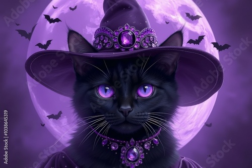 Enchanting black cat in a witch hat with wings, surrounded by Halloween decorations and a purple moonlit background. photo