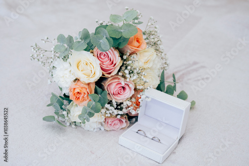 Wedding beautiful bouquet of roses in the hands of the bride, wedding rings