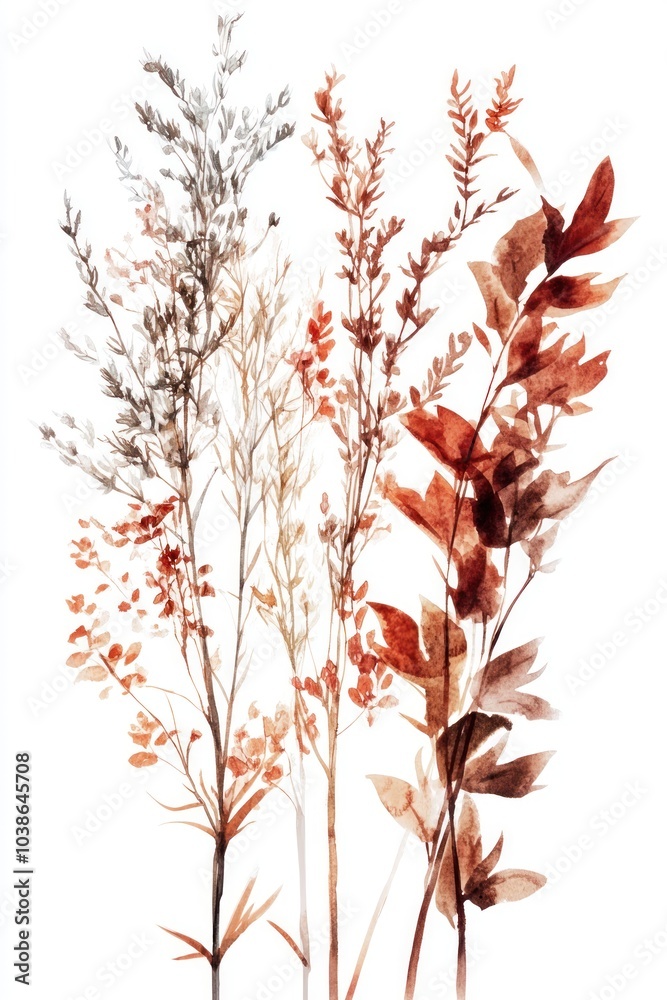 A watercolor illustration of various plants in warm tones. A watercolor illustration of various plants in warm tones.