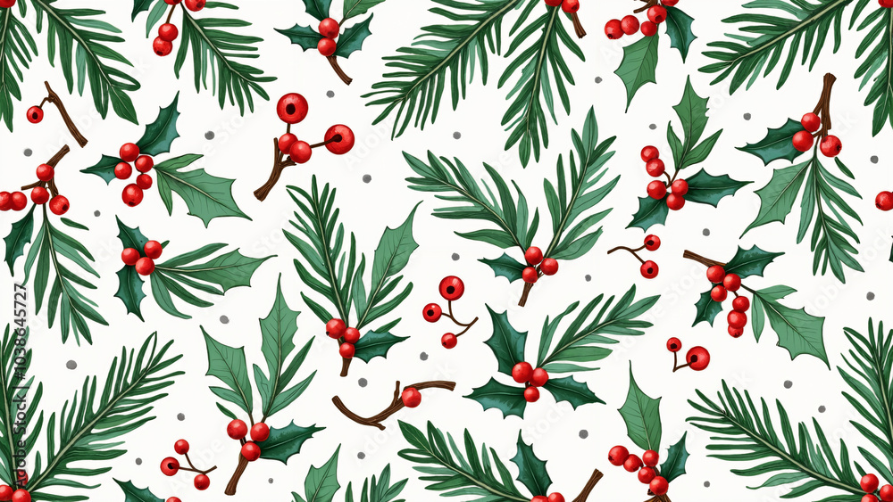 Festive Christmas Holly Pattern: Seamless Vector Design for Holiday Products and Seasonal Marketing Festive Christmas Holly Pattern: Seamless Vector Design for Holiday Products and Seasonal Marketing