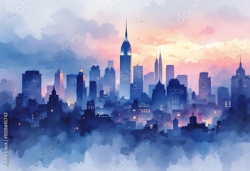 Watercolor of Manhattan skyscrapers at sunset - New York city towers
