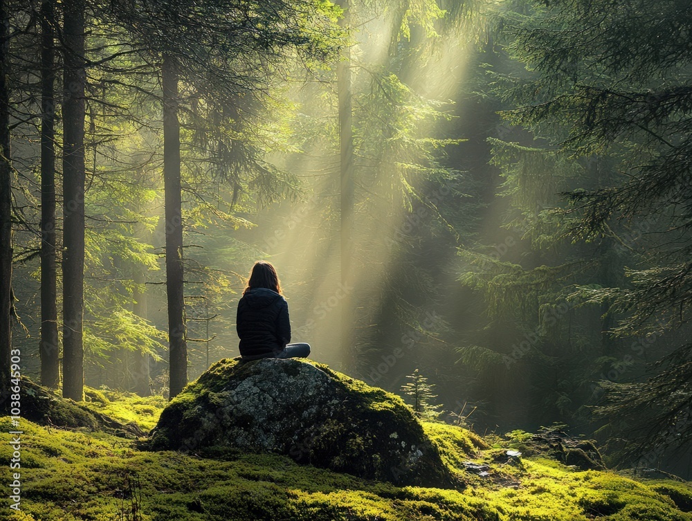 A tranquil forest clearing with soft sunlight streaming through the trees, where a person sits quietly on a mossy rock, practicing forest bathing, absorbing the sounds and sights of nature A tranquil forest clearing with soft sunlight streaming through the trees, where a person sits quietly on a mossy rock, practicing forest bathing, absorbing the sounds and sights of nature