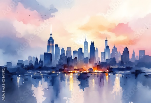 Watercolor of Manhattan skyscrapers at sunset - New York city towers 