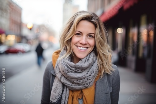 Portrait of a beautiful woman walking in the city on a cold winter day