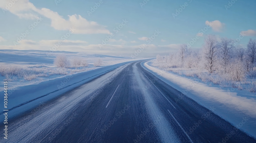 Road covered with snow, winter mood and cold weather, empty road without cars Road covered with snow, winter mood and cold weather, empty road without cars