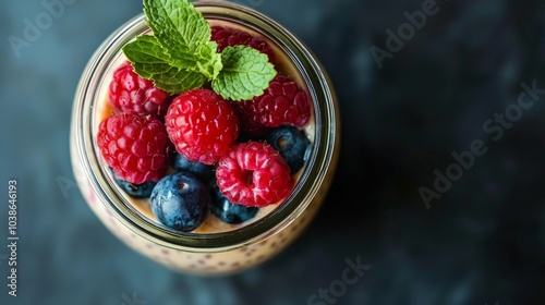 a jar of chia seed pudding made with almond milk and a topping of berries and mint