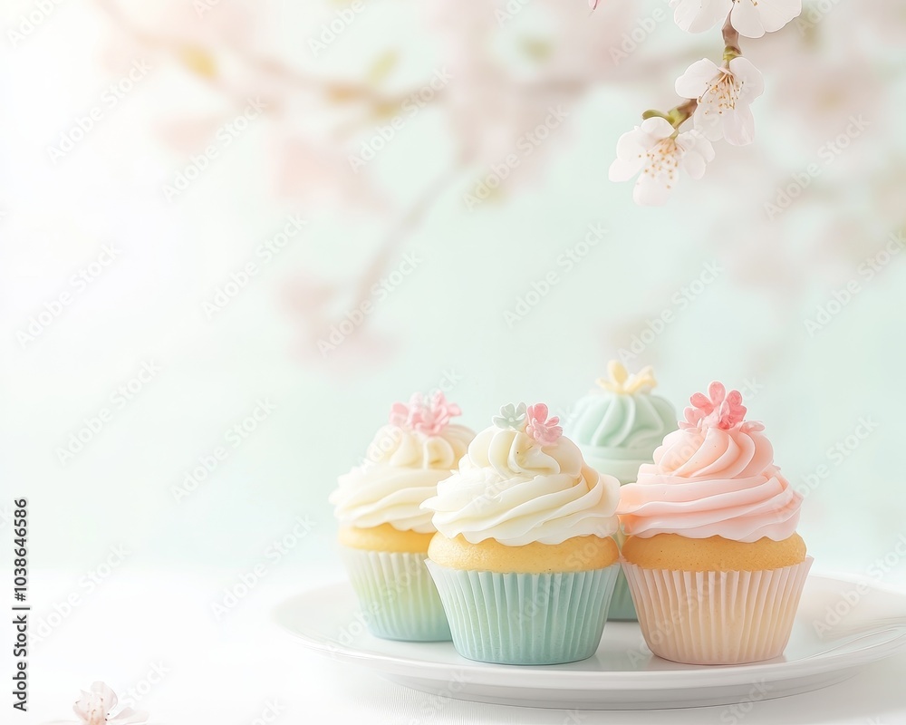 Pastel Cupcake Delight, a charming display of decorated cupcakes with soft frosting, surrounded by spring flowers on a pastel tablecloth in watercolor style
