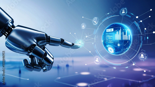 Futuristic Robot Hand Interacting with Holographic Data Web Generative AI
