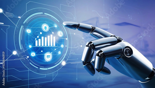 Futuristic Robot Hand Interacting with Holographic Data Web Generative AI
