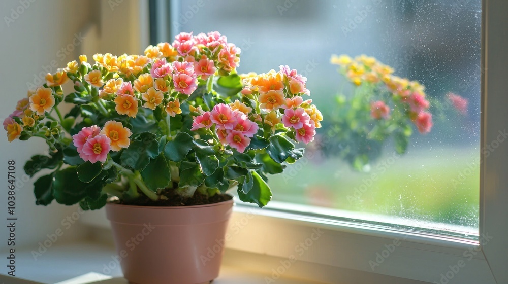 A kalanchoe plant with colorful blooms sitting on a sunny windowsill, brightening up the space. A kalanchoe plant with colorful blooms sitting on a sunny windowsill, brightening up the space.