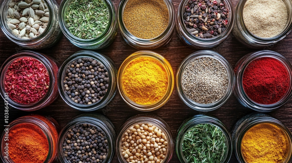 Colorful Array of Spices in Glass Jars Colorful Array of Spices in Glass Jars
