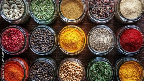 Colorful Array of Spices in Glass Jars