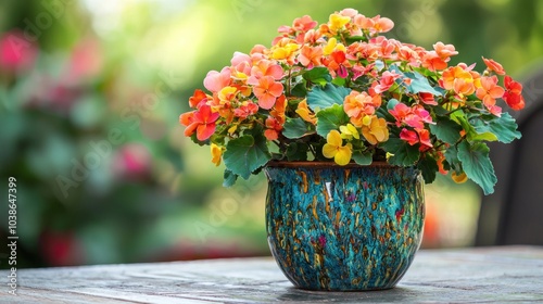 Wallpaper Mural A colorful begonia plant in a decorative pot, placed on a patio table. Torontodigital.ca