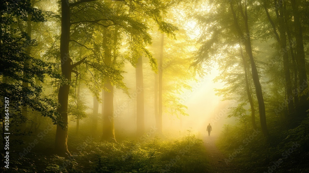 Obraz premium A soft, misty forest bathing experience at dawn, with the forest glowing in gentle hues of green and goldhealing power of nature