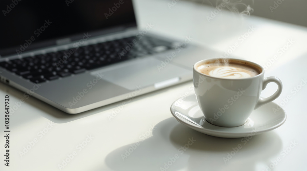 A laptop and a hot coffee on a spotless desk A laptop and a hot coffee on a spotless desk