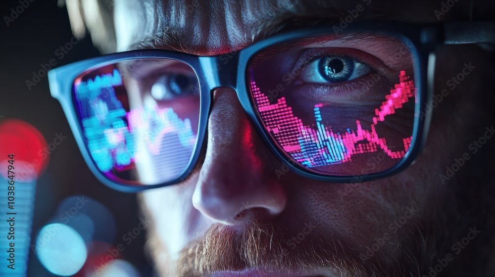 Stock Market Trader Working Investment Charts, Graphs, Ticker, Diagrams Projected on His Face and Reflecting in Glasses. Financial Analyst and Digital, Generative AI Stock Market Trader Working Investment Charts, Graphs, Ticker, Diagrams Projected on His Face and Reflecting in Glasses. Financial Analyst and Digital, Generative AI