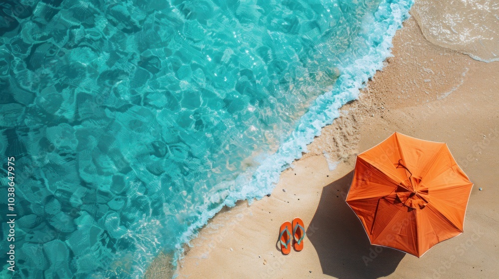 Naklejka premium A top view of the beach with sand, blue water and an umbrella lying on it