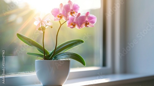 Wallpaper Mural A blooming Moth Orchid in a sleek white pot, sitting on a windowsill with soft sunlight illuminating the flowers. Torontodigital.ca